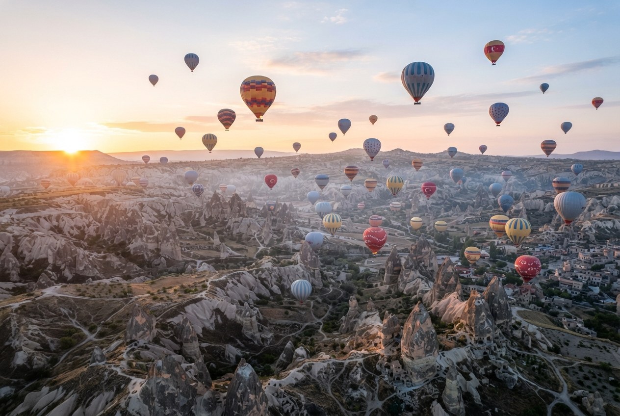 Göreme vadilerinde gün doğumunda süzülen onlarca sıcak hava balonu